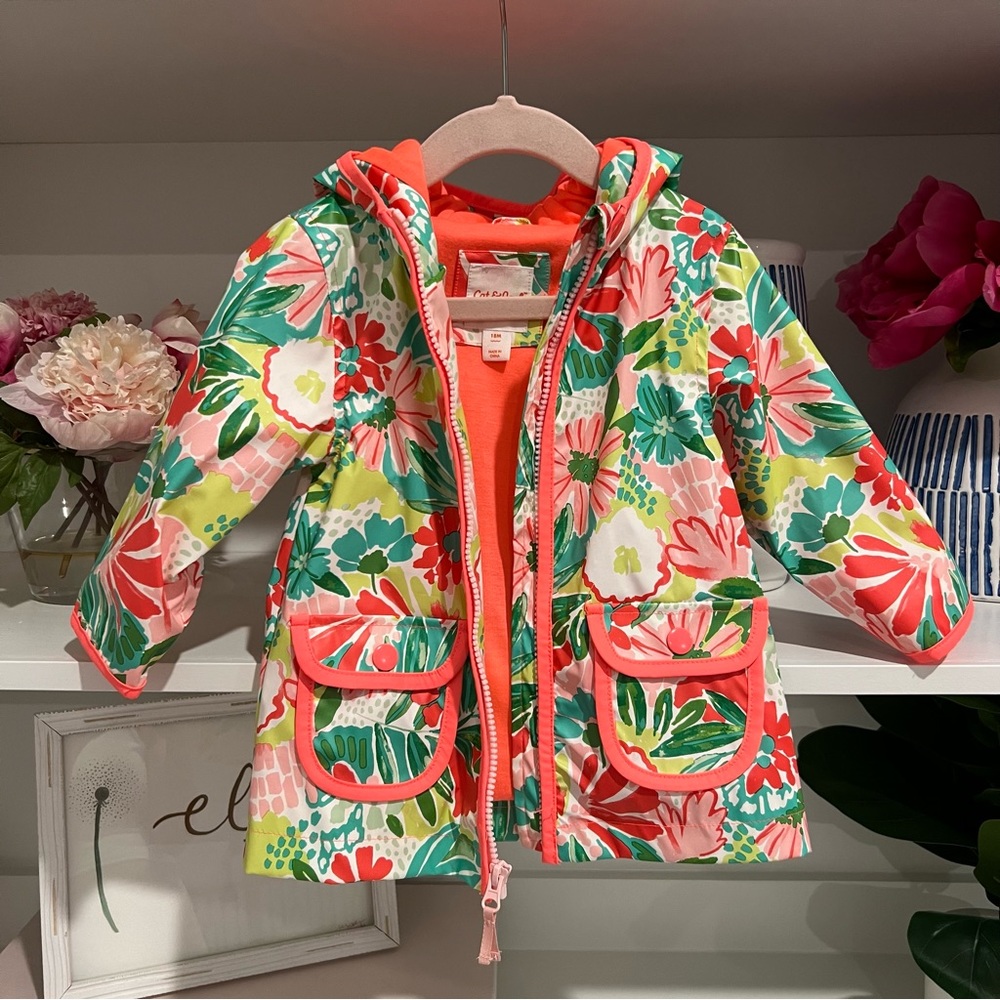 Girls 18m Cat & Jack Green, Blue, Red & Pink Floral Rain Jacket with Coral Trim